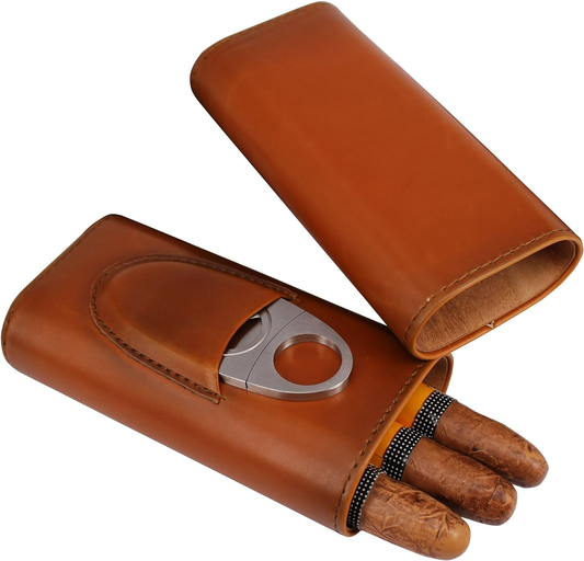 Genuine Leather Cigar Case, Wood Lined Humidor with Cutter