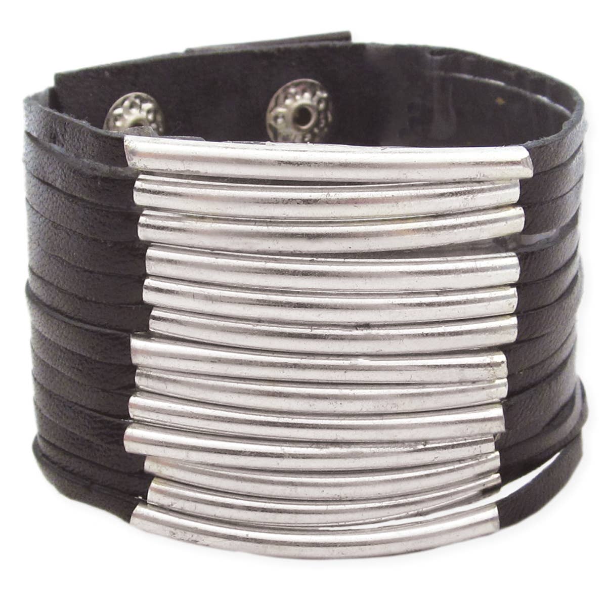 Black Leather & Silver Metal Bar Snap Cuff Bracelet